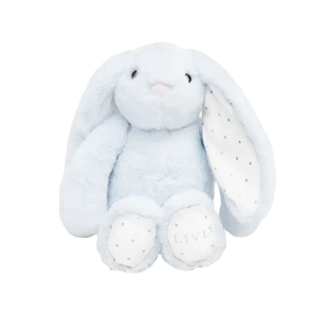 Lichtblauw knuffelkonijn tiny bunny Marley in lichtblauw met stippenmotief in de oren en de voetjes