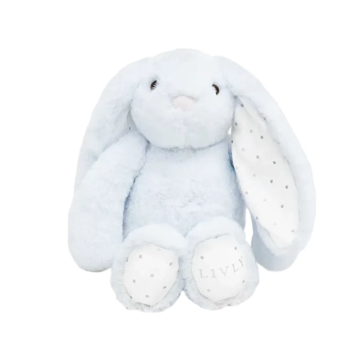 Lichtblauw knuffelkonijn tiny bunny Marley in lichtblauw met stippenmotief in de oren en de voetjes