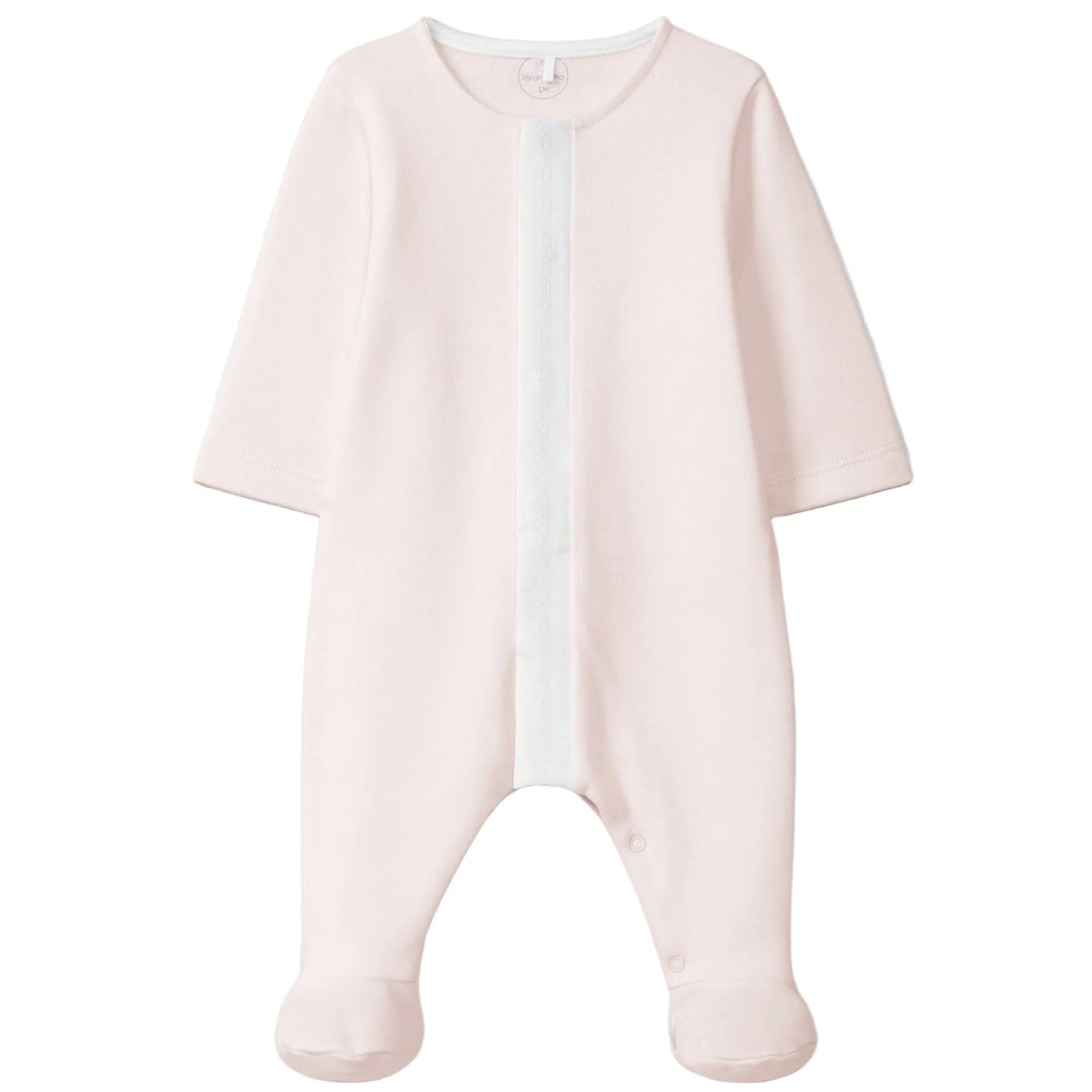 Peach pink babypakje met geborduurde bies en ronde kraag van laranjinha