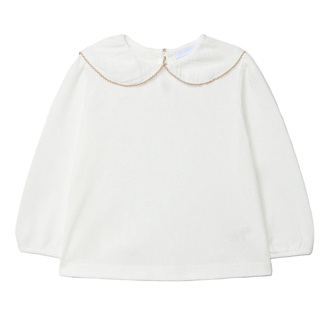 offwhite longsleeve met tetra kraag en beige picot van Laranjinha
