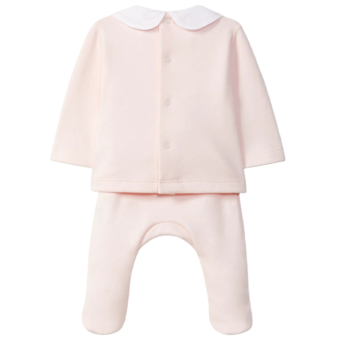 achterkant van tweedelig babypakje in peach pink van laranjinha
