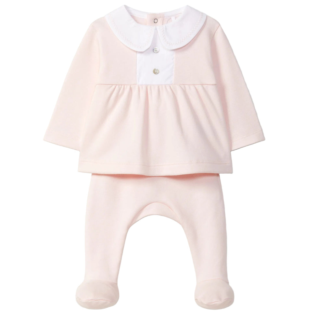 Tweedelig babypakje in peach pink met Peter Pan kraagje van Laranjinha