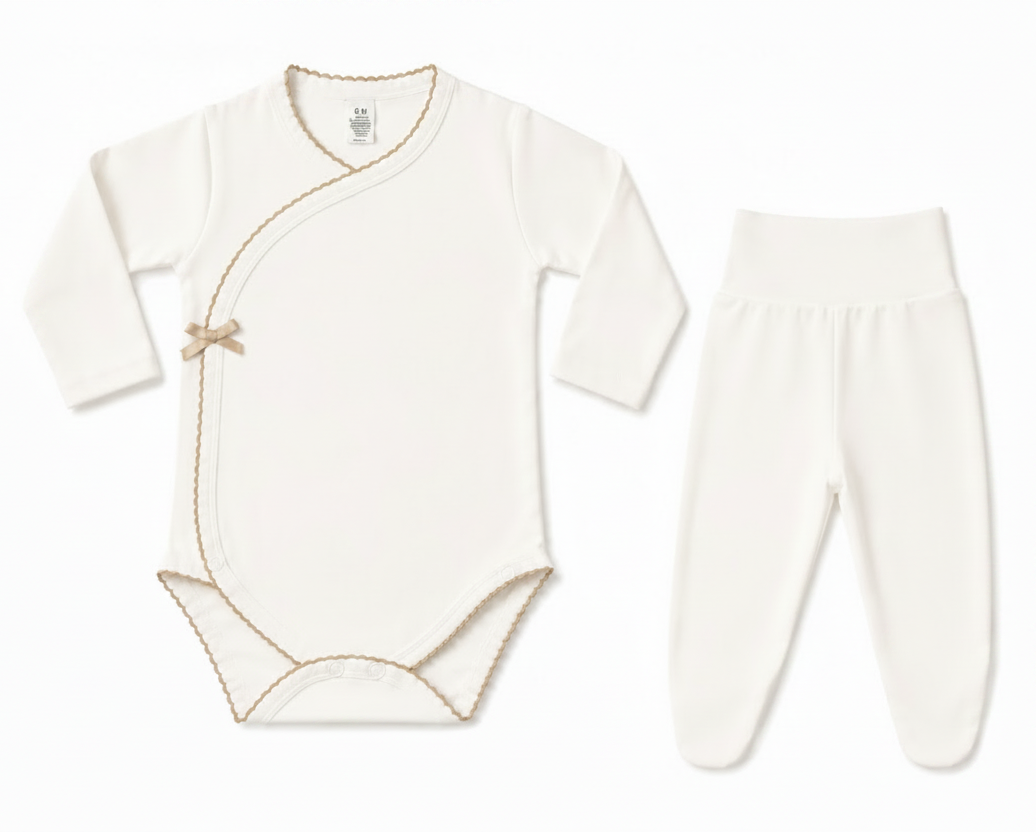 beige broekje met overslag romper met camel picot rand en strikje 