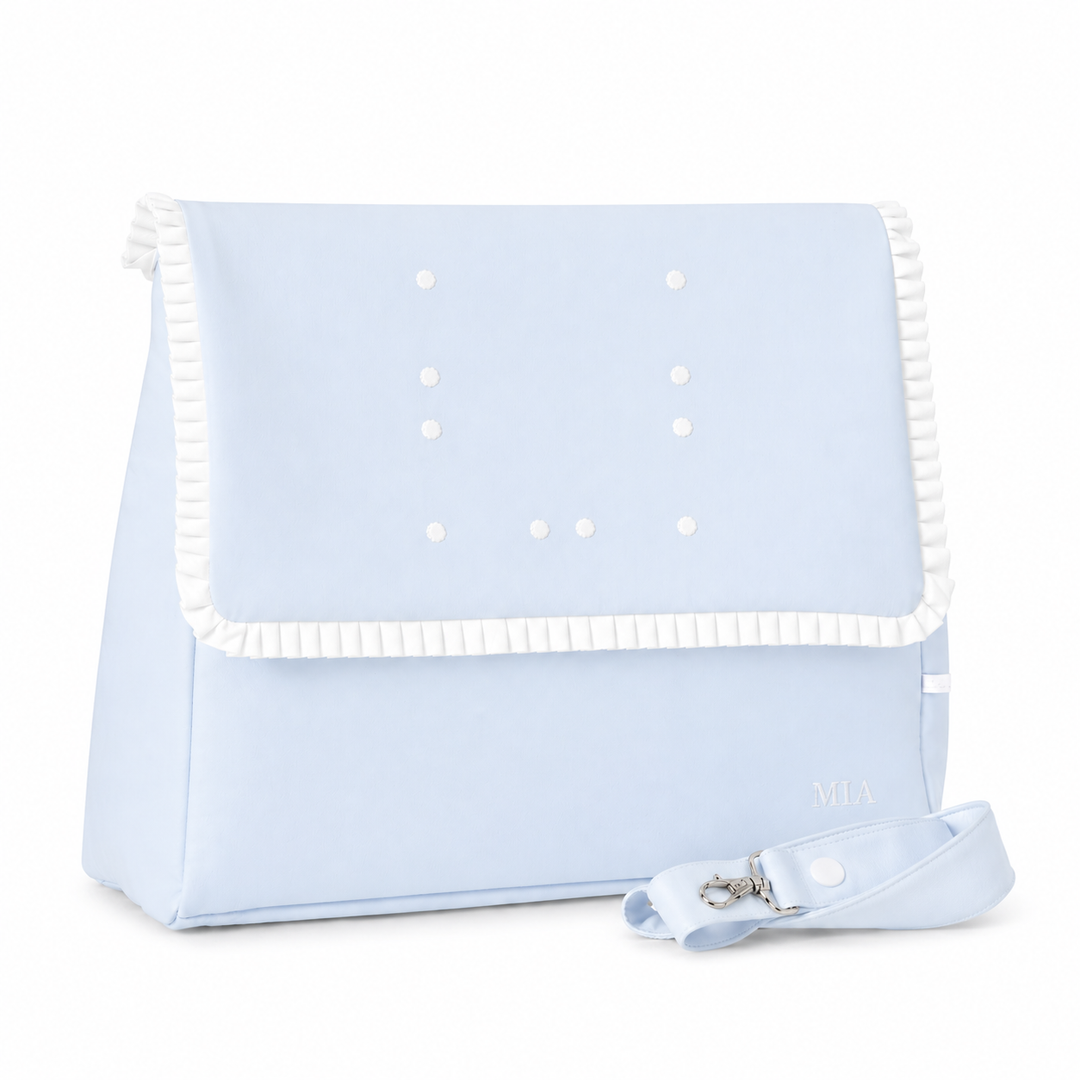 Lichtblauwe luiertas met witte pique details