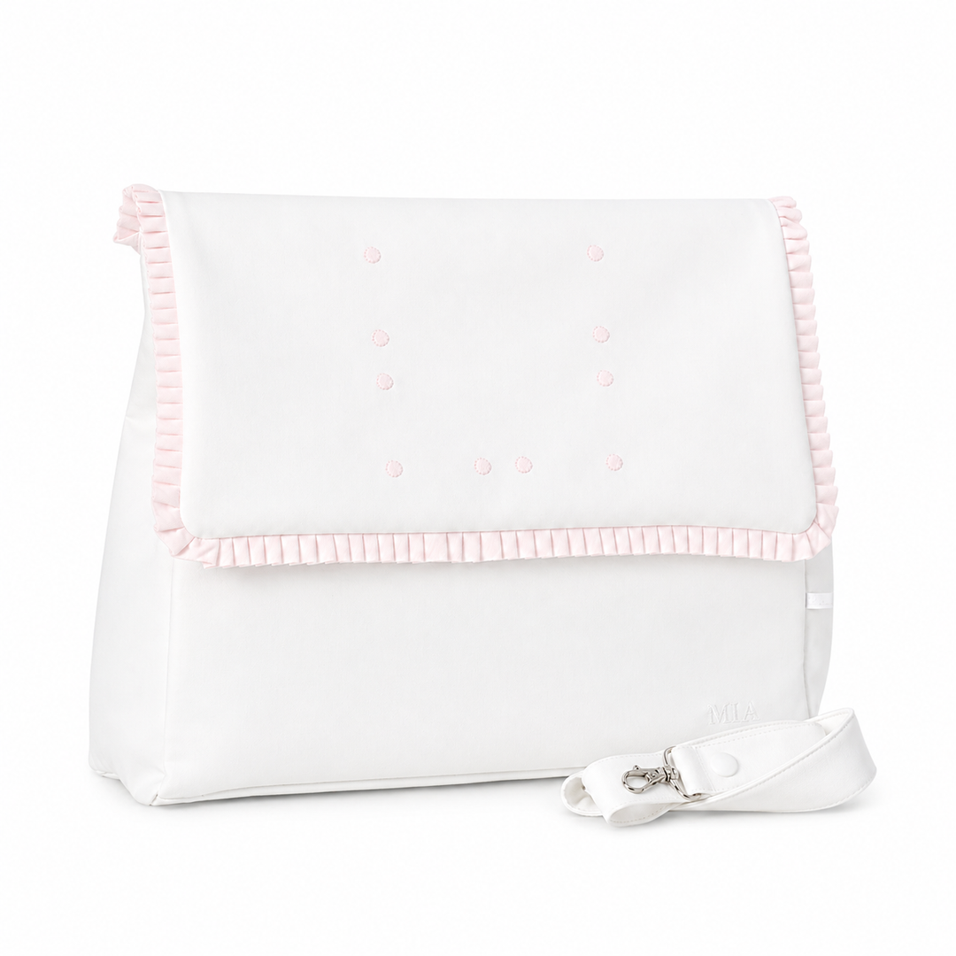 luiertas met pique details in wit en babyroze