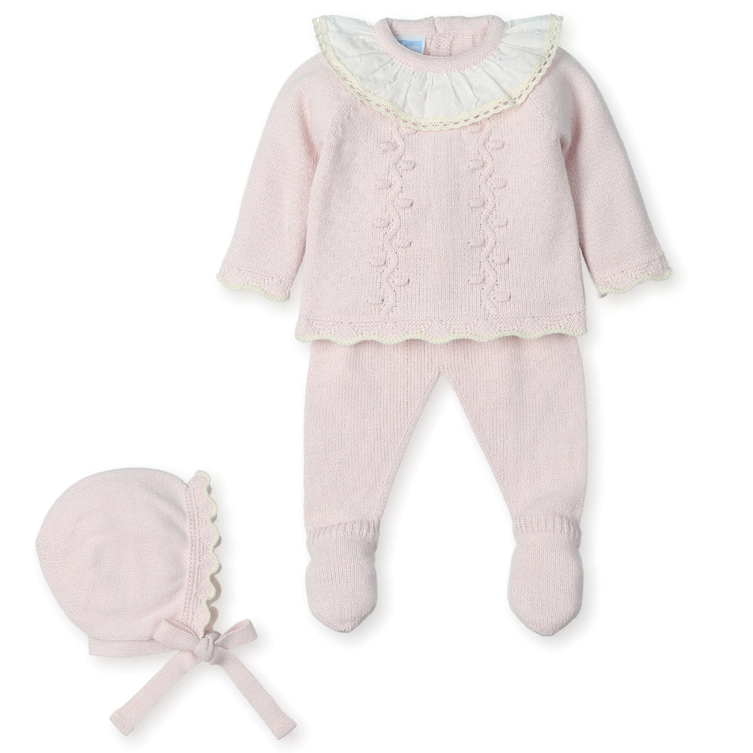 babypakje henreid met volant kraag, schelprand en mutsje in poederroze 