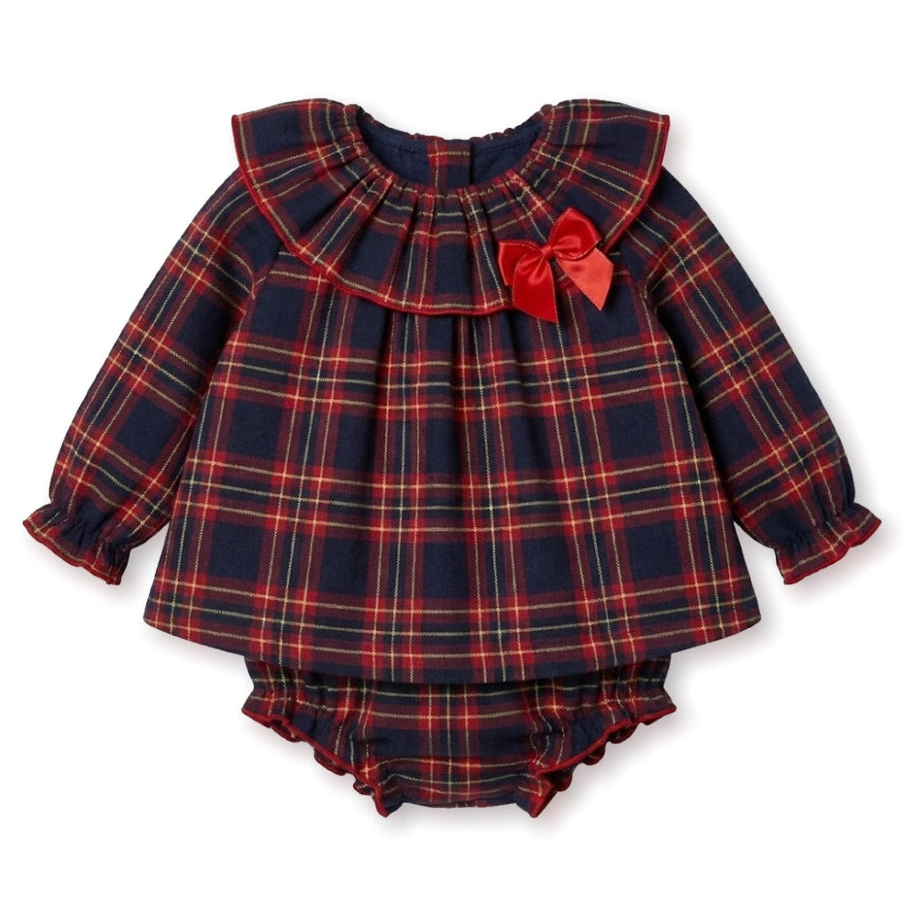 Tweedelige tartan set met rood en donkerblauw en gouden lurex draad + rode strik perfect voor kerst