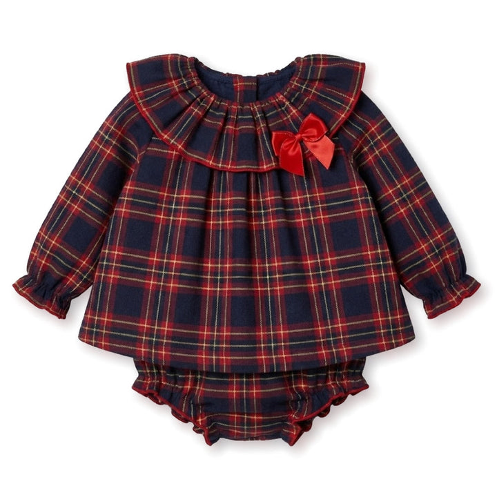 Tweedelige tartan set met rood en donkerblauw en gouden lurex draad + rode strik perfect voor kerst