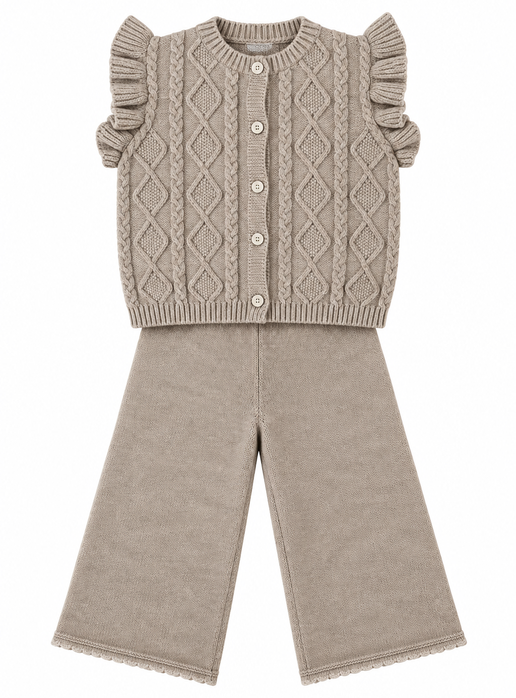 tweedelige gebreide set gilet + uitlopende broek met elastische tailleband