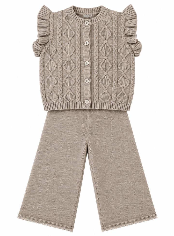 tweedelige gebreide set gilet + uitlopende broek met elastische tailleband
