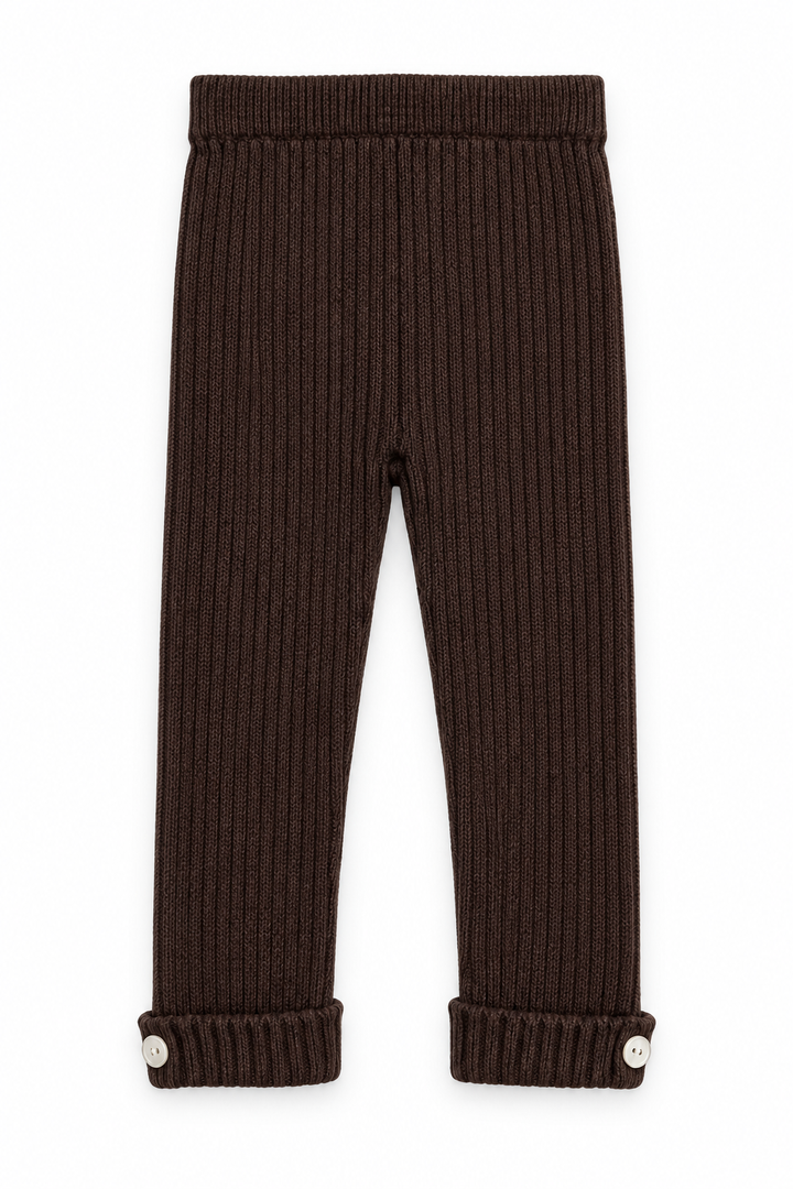 donkerbruine legging gebreid katoen met knoopjes op de omslag unisex