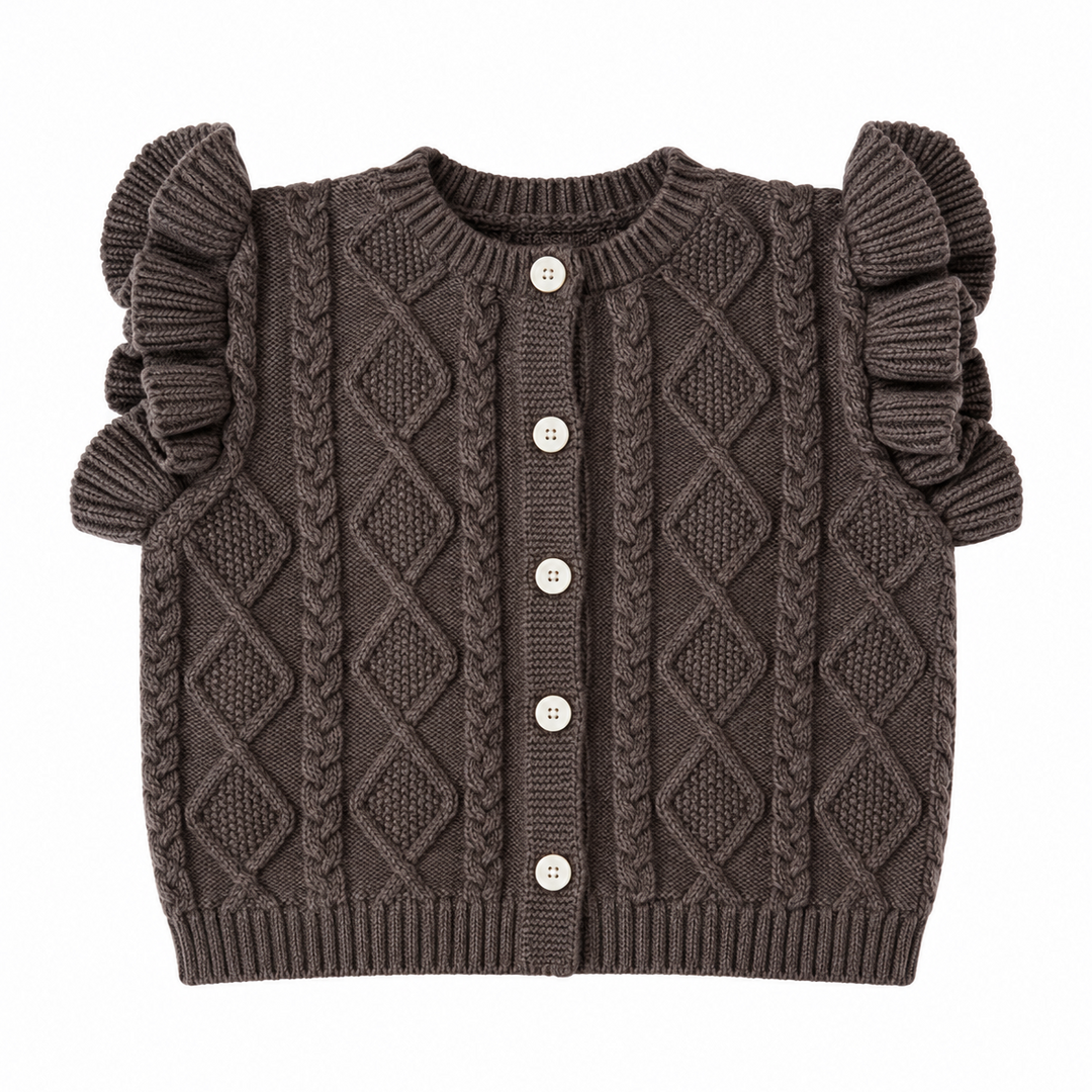 Martin aranda gilet in dokerbruin met ruffle mouwetjes