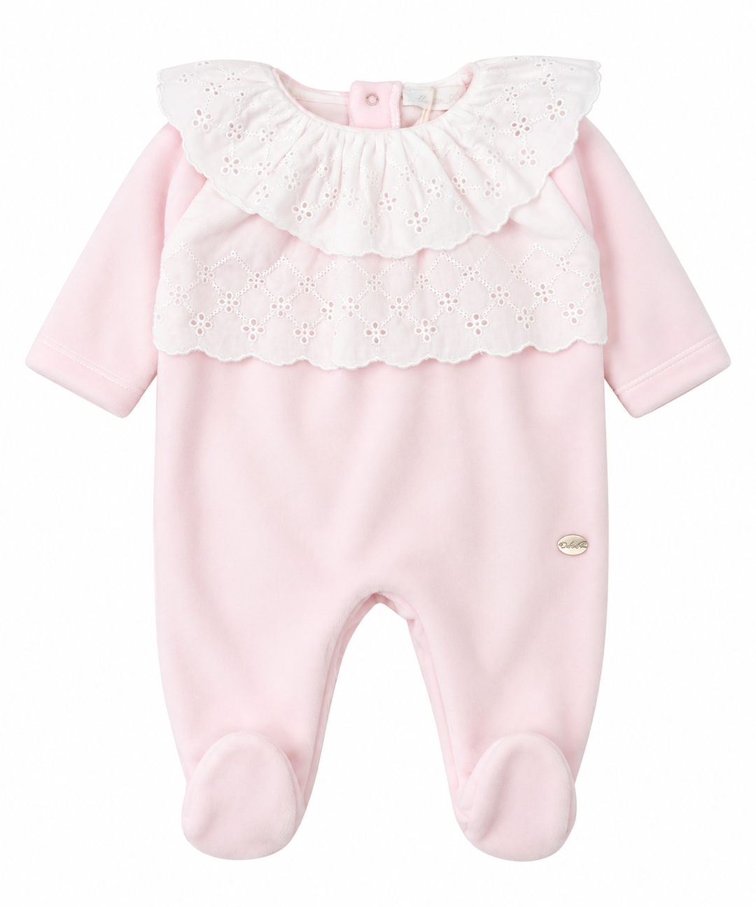 velours babypakje lichtroze met broderie kraag en bovenstuk 