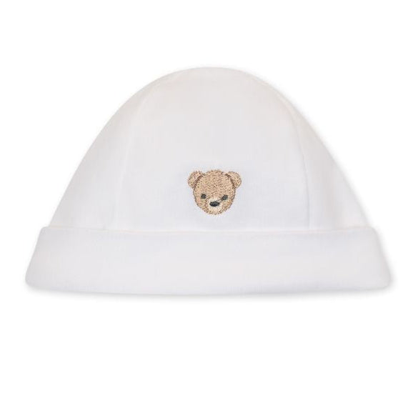 Wit baby mutsje i katoen met geborduurd beertje Baby Gi 