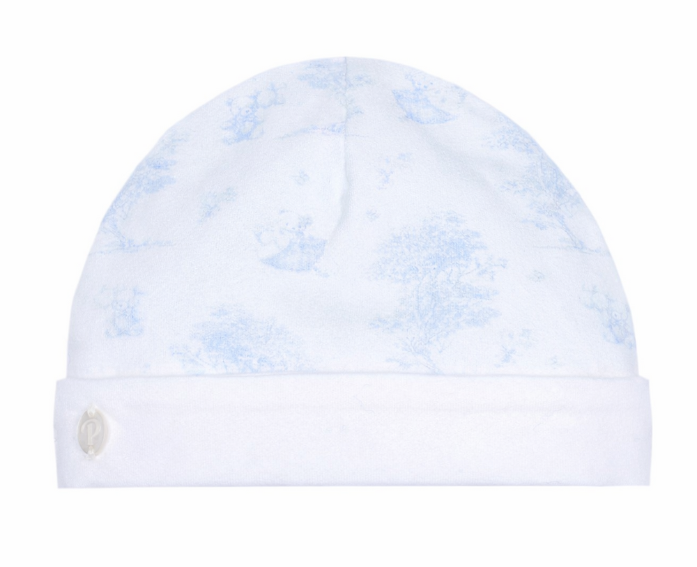 Toile de Jouy babymutsje met beertjes in lichtblauw van Patachou