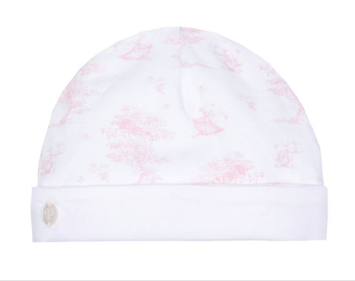 Babymutsje met lichtroze Toile de Jouy print met beertjes van Patachou