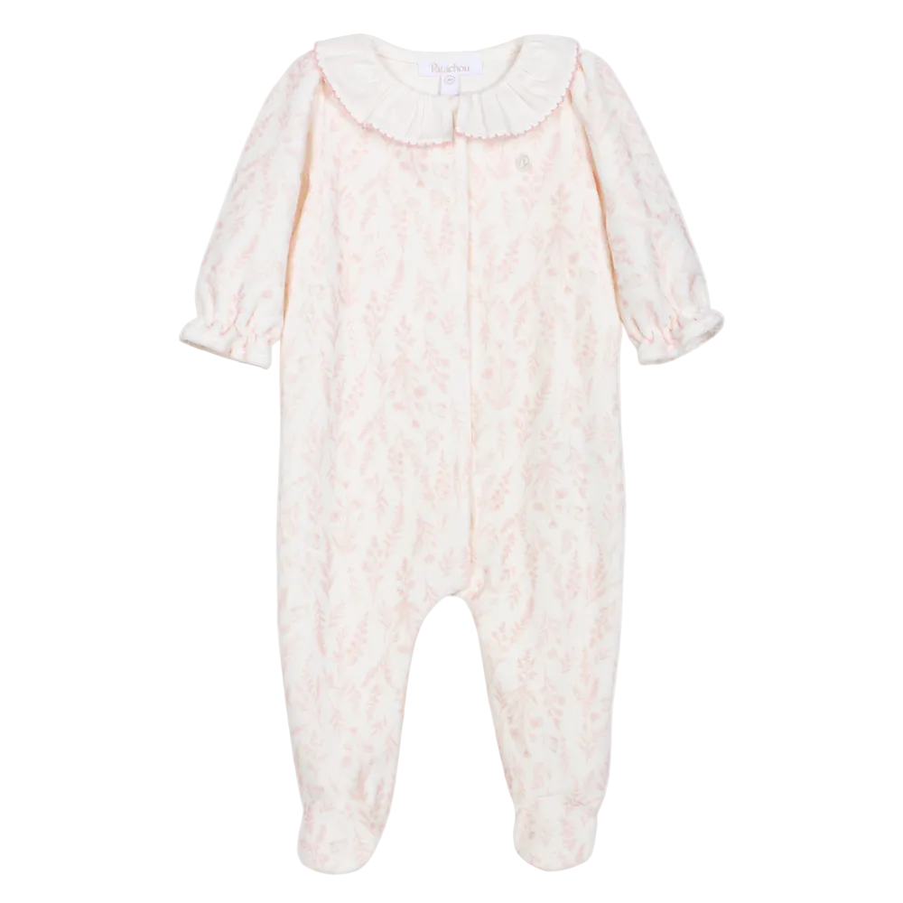 velours babypakje met vlinder en volant kraag in offwhite en licjtroze van patachou