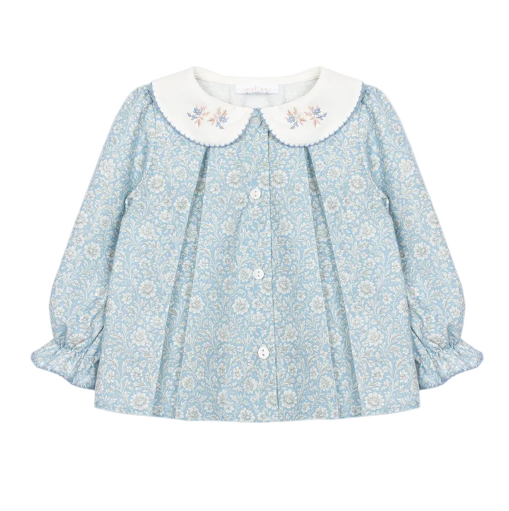 blouse met grote peter pan kraag met borduring, bloemen blouse in blauw 