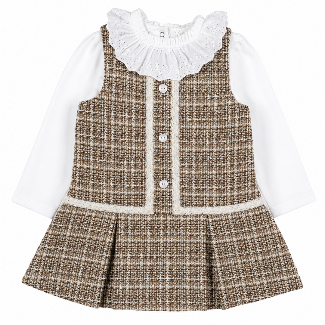tweedelige jurk tweed donkerbruin met beige en gouden lurex draad 