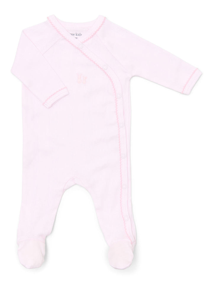 lichtroze rib katoenen babypakje met voetjes en geborduurde konijntjes 