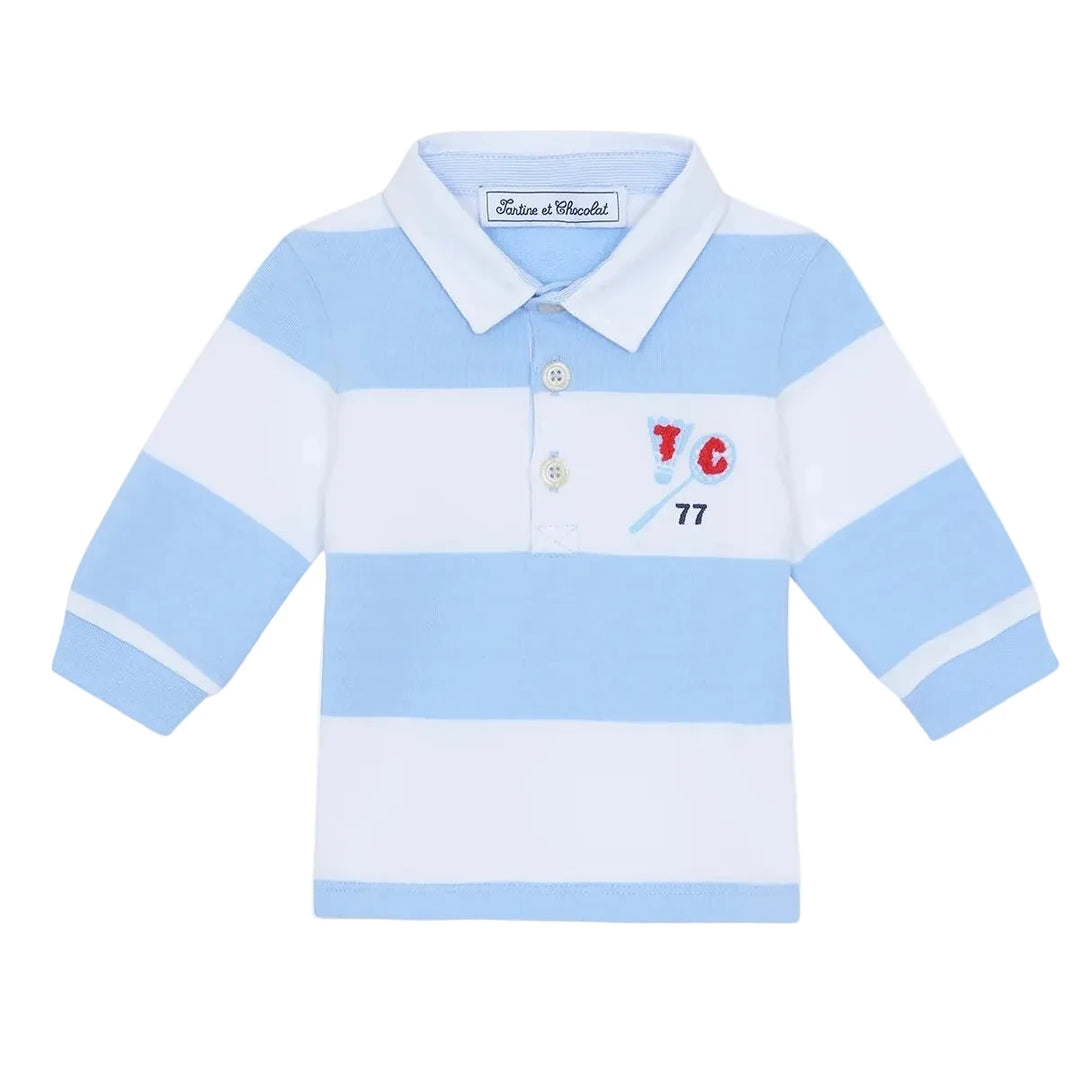 Gestreepte jongens polo van Tartine et Chocolat in lichtblauw en wit met klassieke kraag en knoopluiting