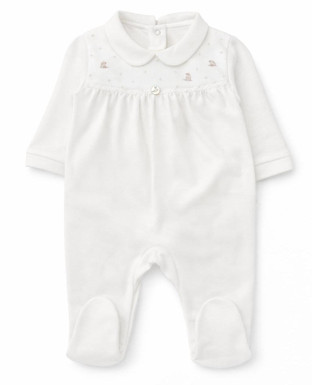 wit baby boxpakje Pureté du Bébé met kraagje en geborduurde konijntjes