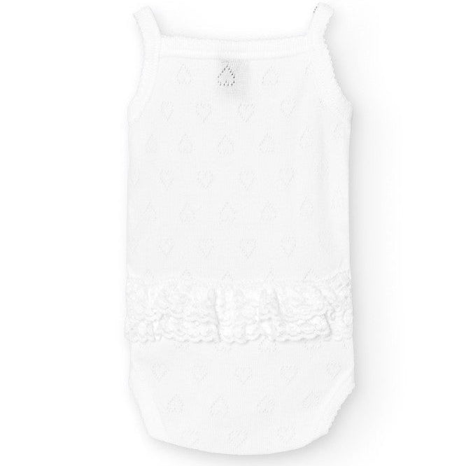 romper met spaghetti bandjes met ruches aan de achterkant, stof van ajour hartjes van het merk babidu 