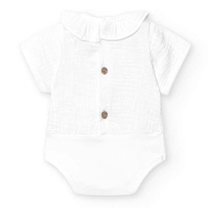 Tetra romper met korte mouwen achterkant met houten knoopjes van het merk Babidu 