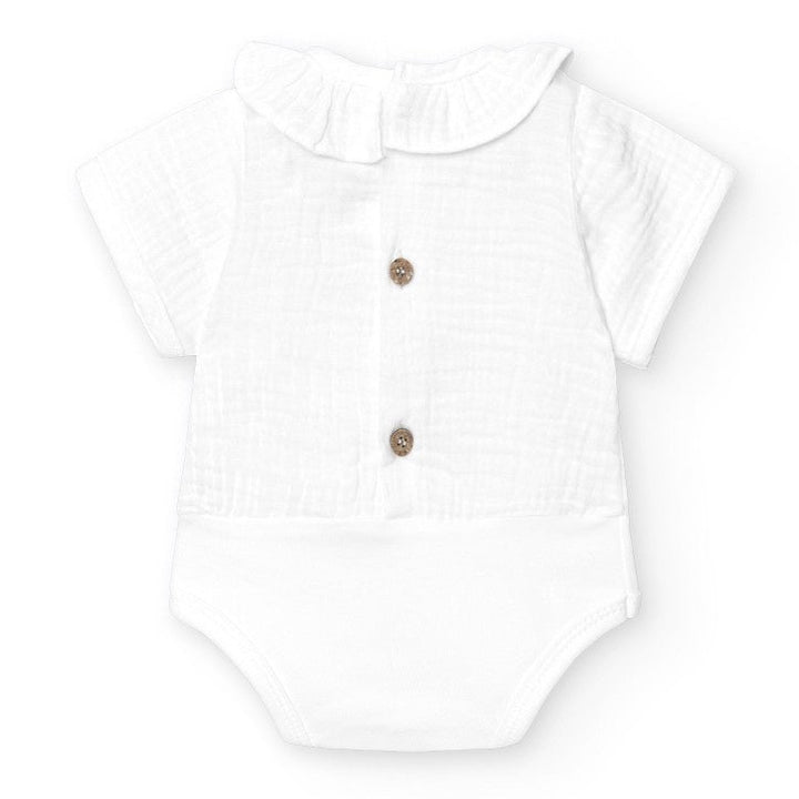 Tetra romper met korte mouwen achterkant met houten knoopjes van het merk Babidu 