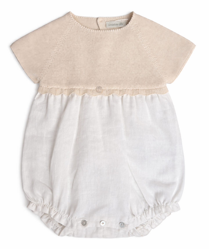 Wedoble baby romper meisje off white gebreid en linnen korte mouw