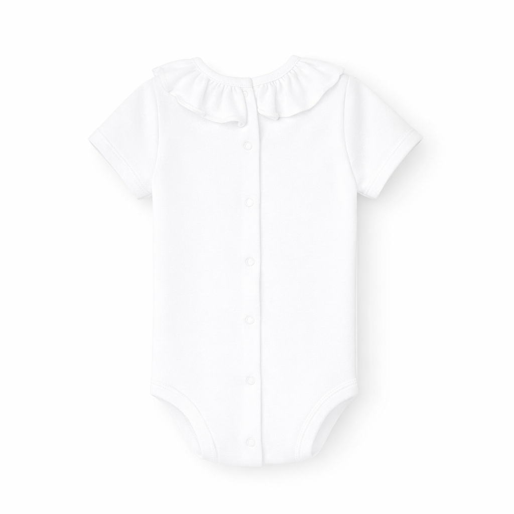 achterkant van romper met korte mouwen en volant kraag, drukknoopjes voor gemakkelijk aan en uittrekken