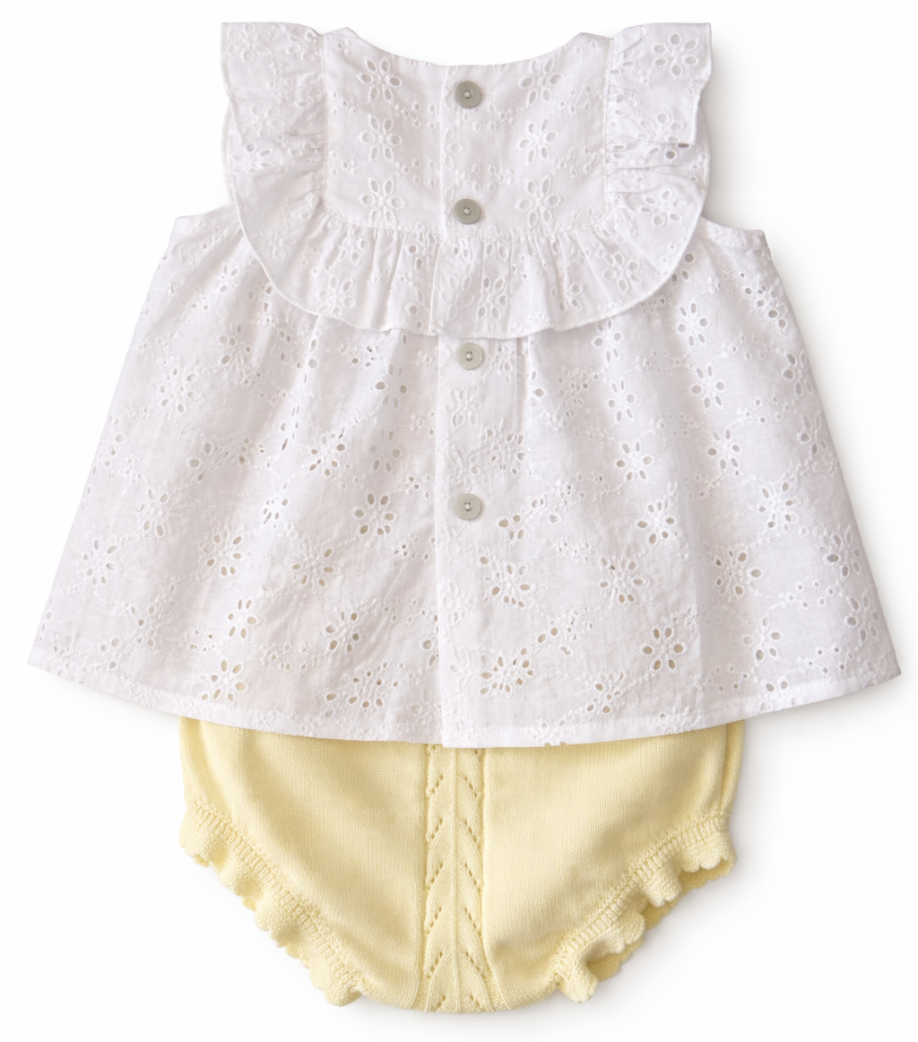 tweedeloge set bloomer + broderie top in butter yellow van Martin aranda