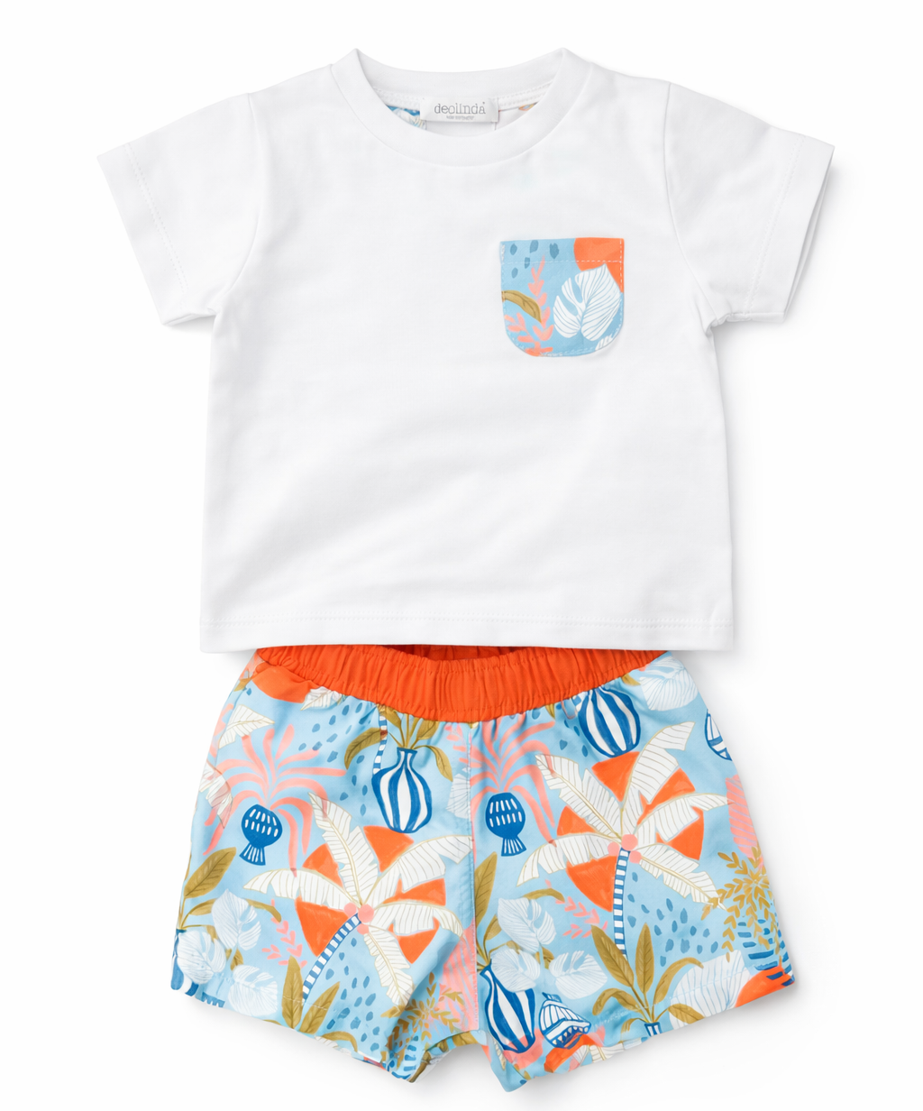 Zwemset in zomerse kleuren T-shirt met zwembroek van deolinda in oranje, turqoise, blauw en wit 