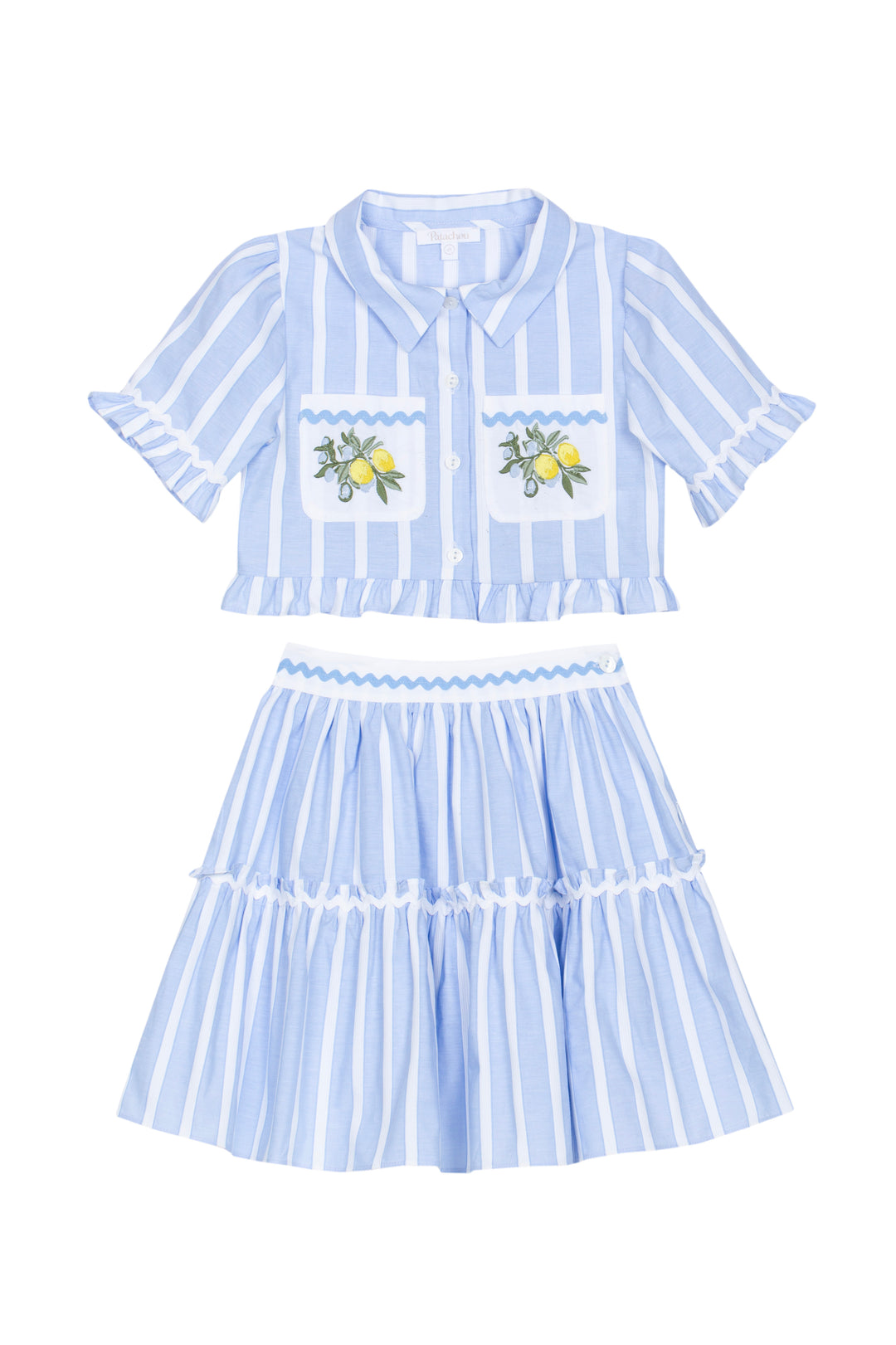Patachou meisjes set blauw wit gestreept met citroenborduursel