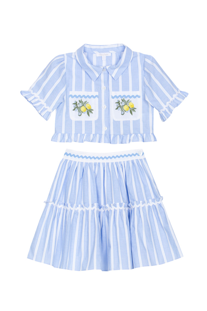 Patachou meisjes set blauw wit gestreept met citroenborduursel