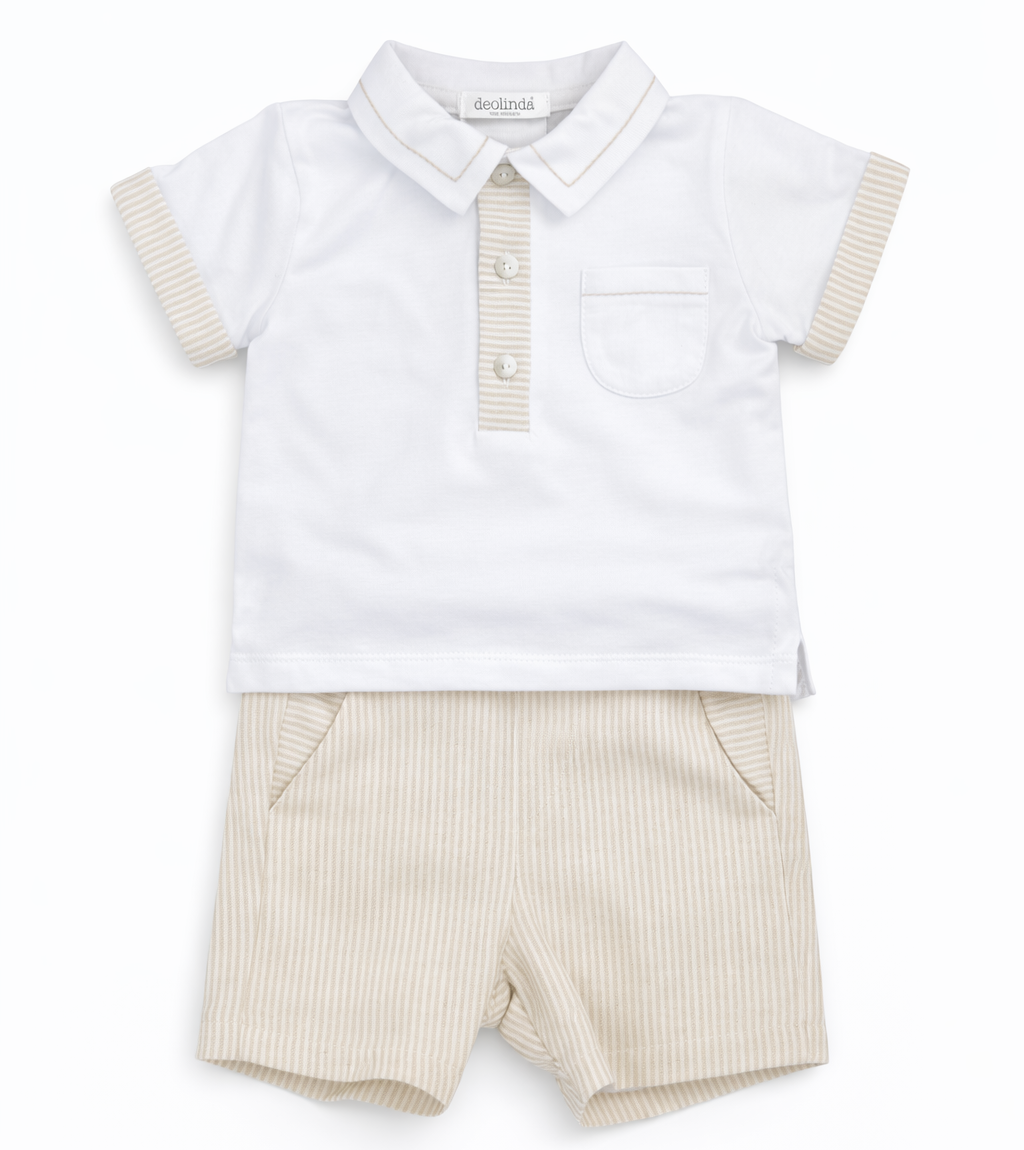 Deolinda tweedelige set met linnenlook broekje + streepdetails in beige en wit 