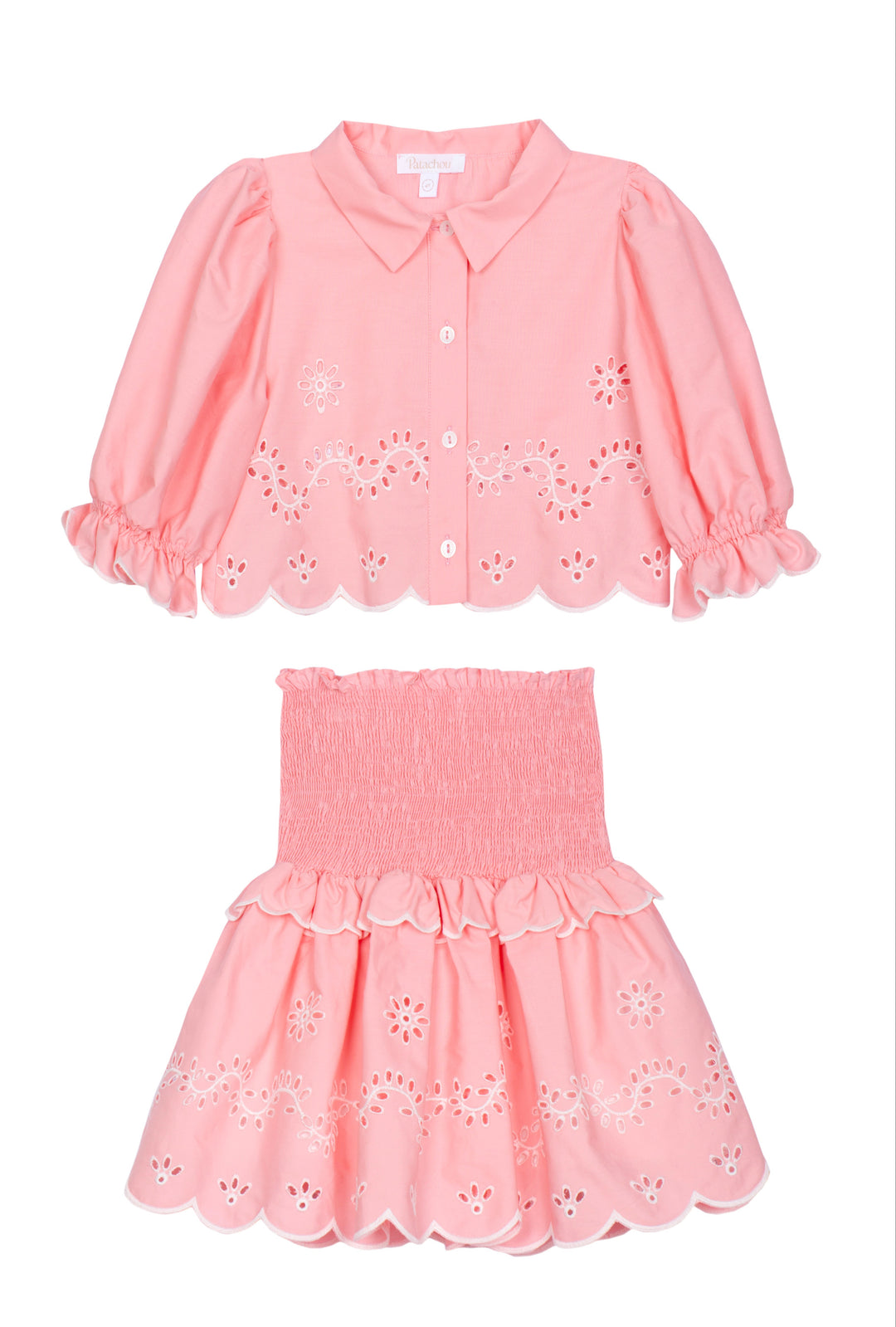 Patachou meisjes set koraalroze van glanzend katoen met Engels borduurwerk