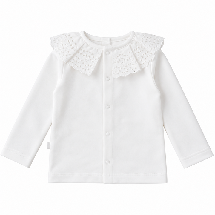 achterkant van t-shirt met broderie kraag