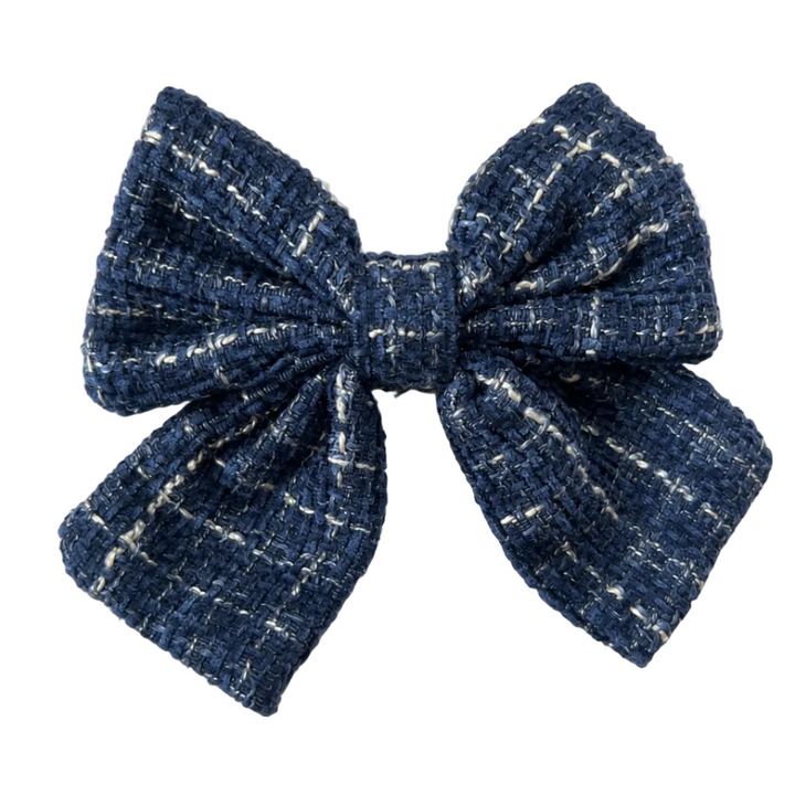 haarclip met tweed strik in donkerblayw met zilver lurex 
