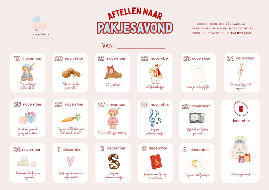 aftelkalender om af te strepen t/m 5 december met allerlei leuke opdrachten voor kinderen