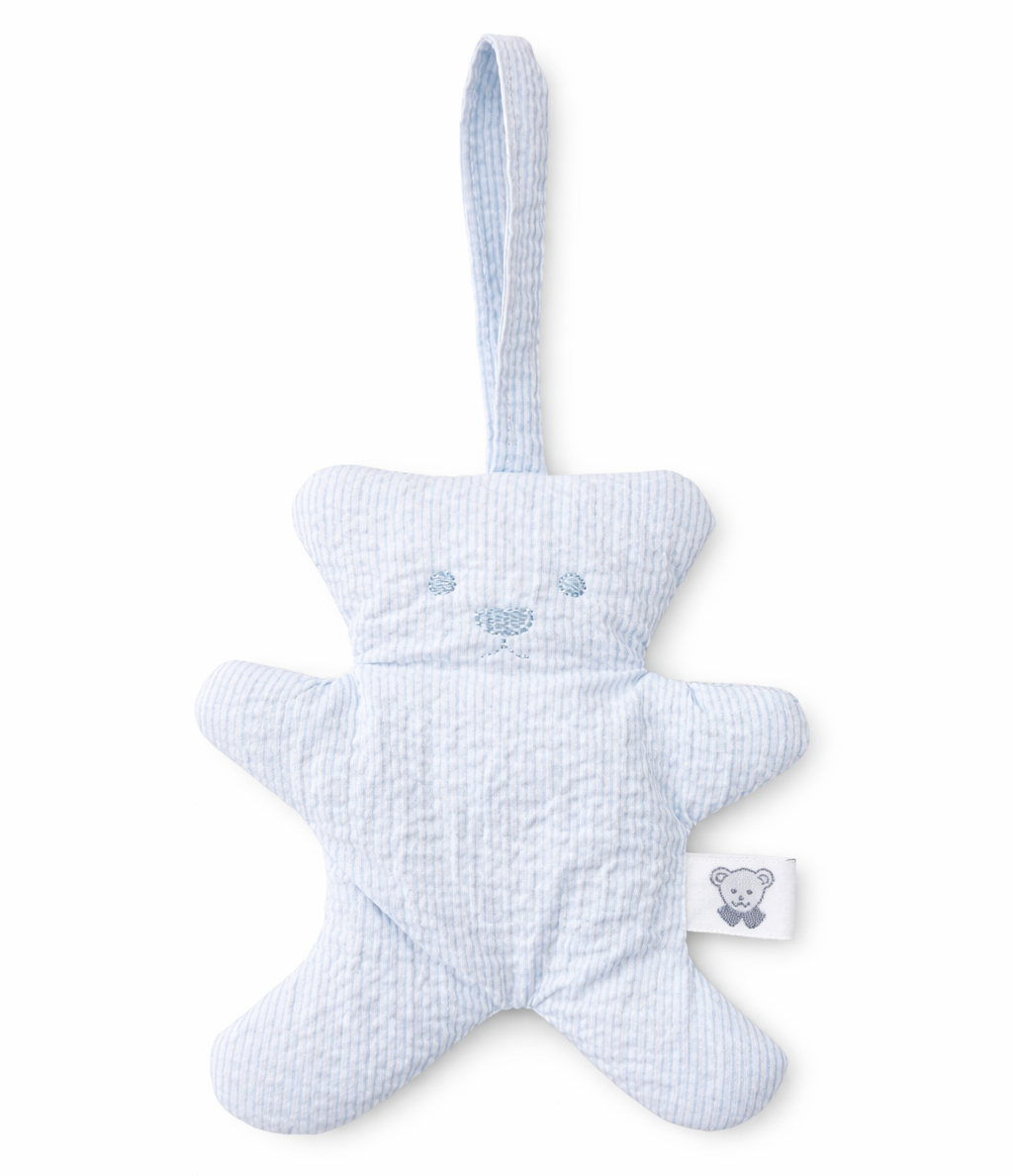Teddy speendoekje in lichtblauw seersucker stof te personaliseren met naam van het kindje 