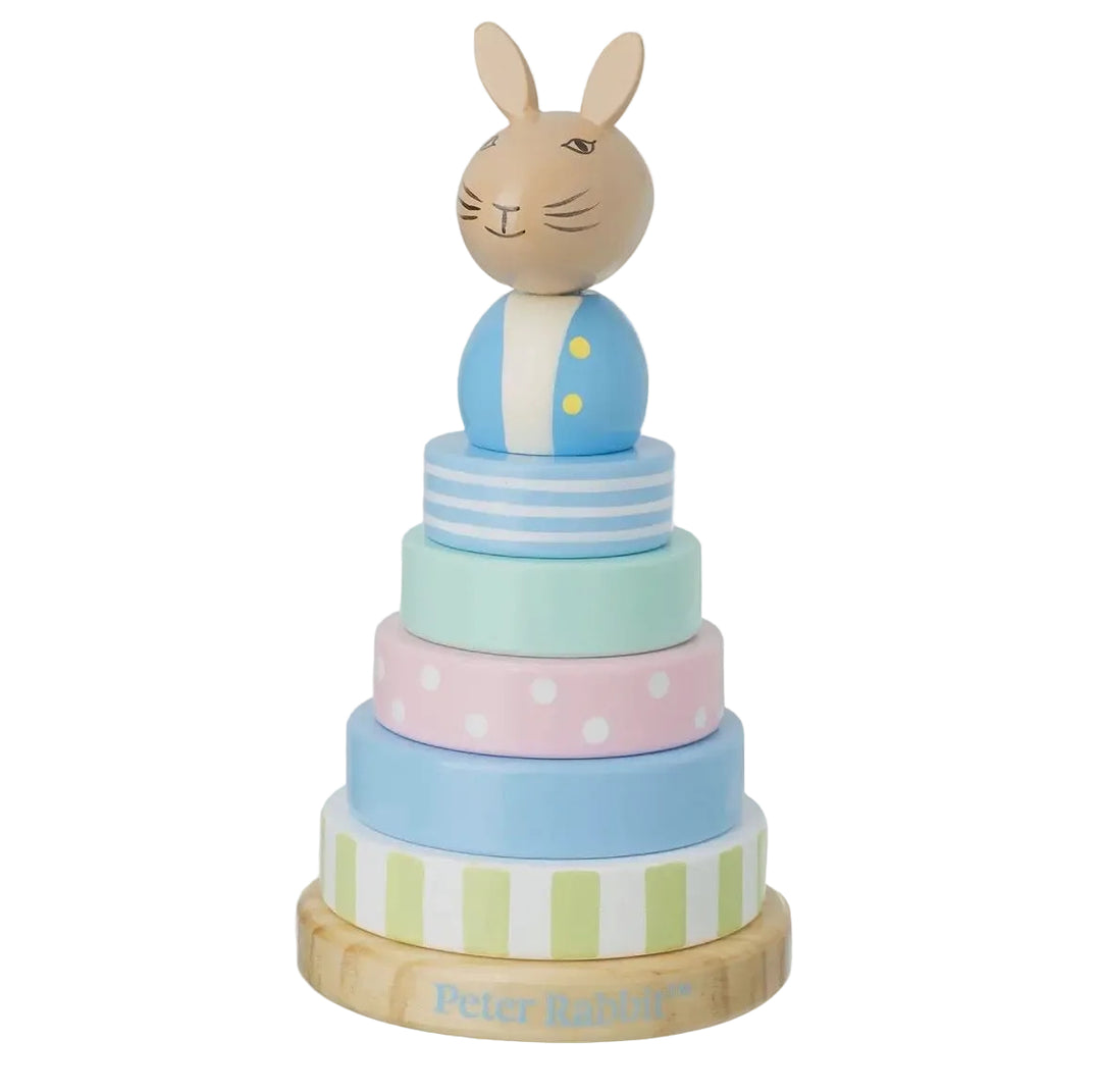 Peter Rabbit stapelring met pastel rungen en konijn bovenop