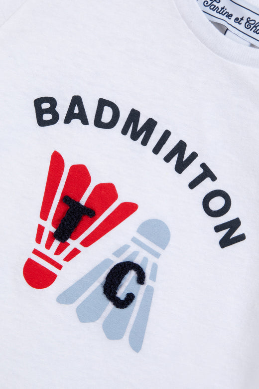 Detail van Badmintonprint op wit t-shirt van Tartine et Chocolat 