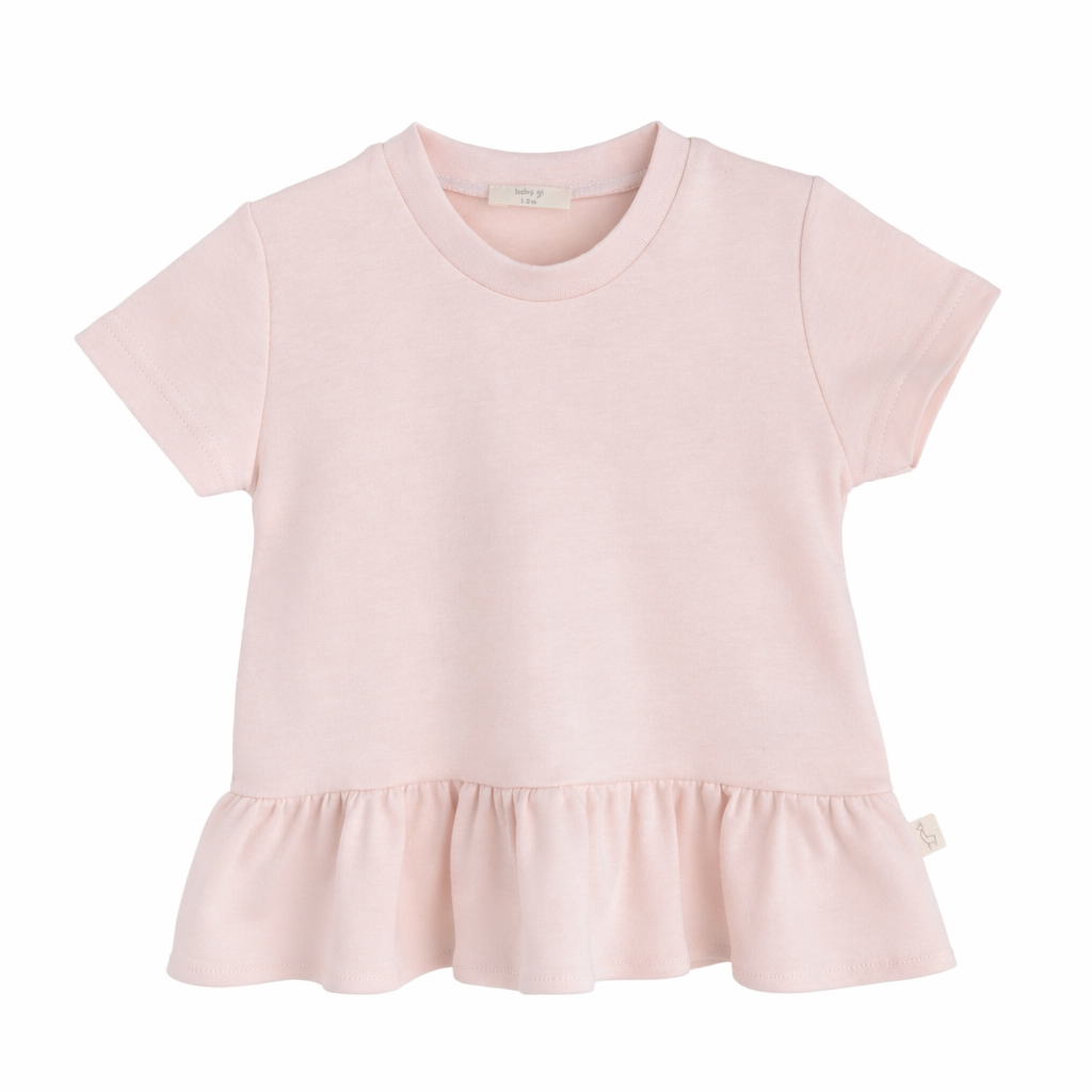 T-shirt met korte mouwen en ruche rand A-lijn model in peach pink van het merk Baby Gi 