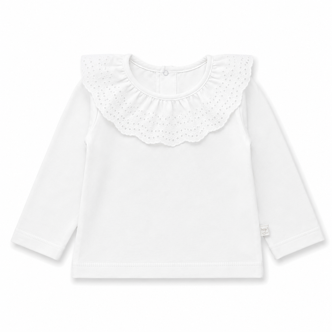 Super fijn t-shirt met lange mouwen en broderie kraag in wit