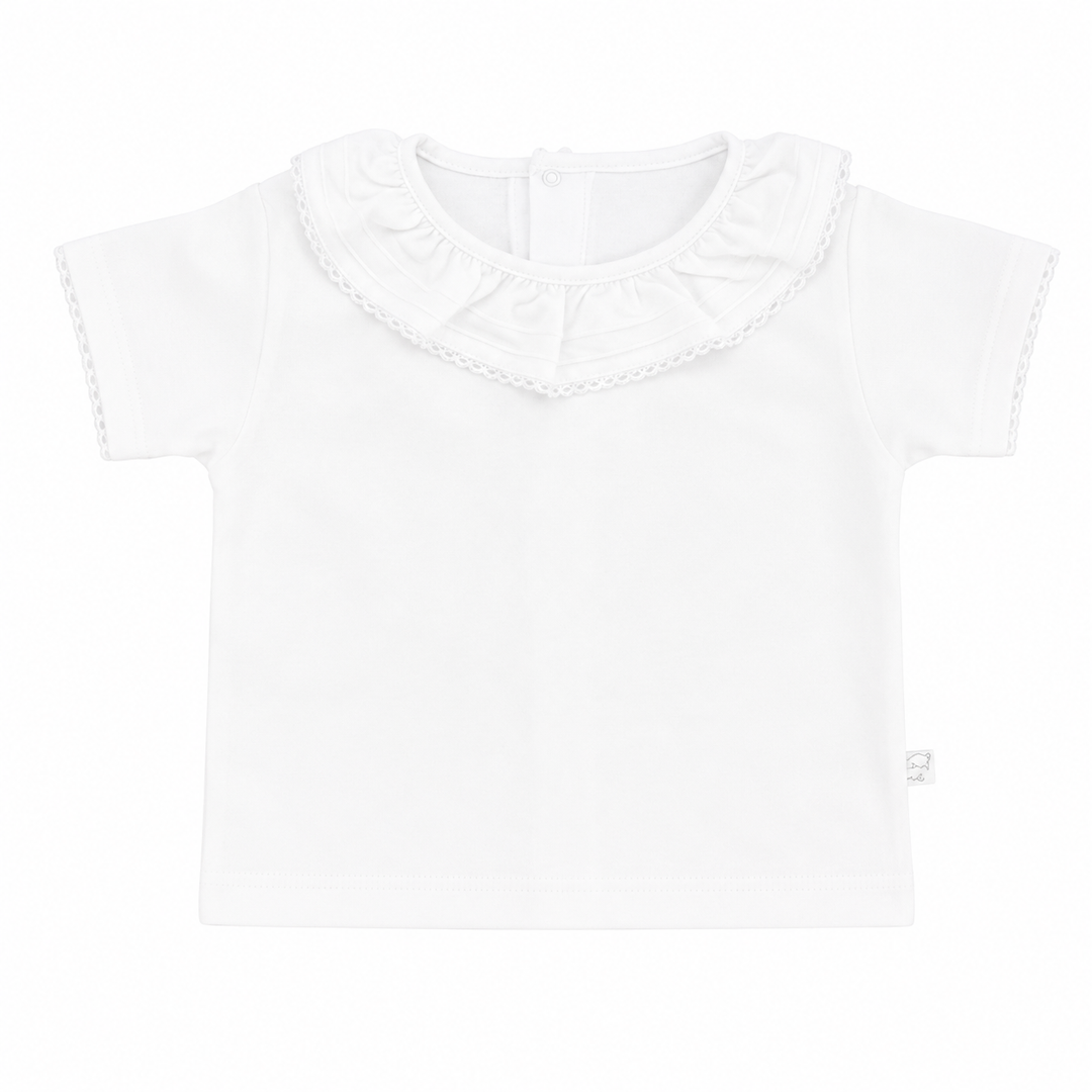Prachtig t-shirt met sierlijke kraag en kanten details aan de korte mouwen