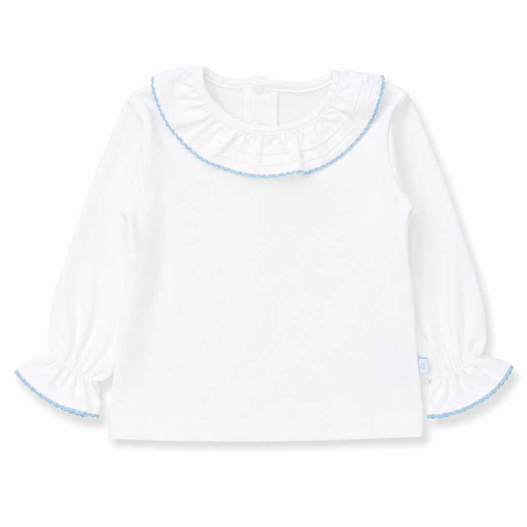 T-shirt met sierkraag en sierlijke mouwen in lichtblauw 