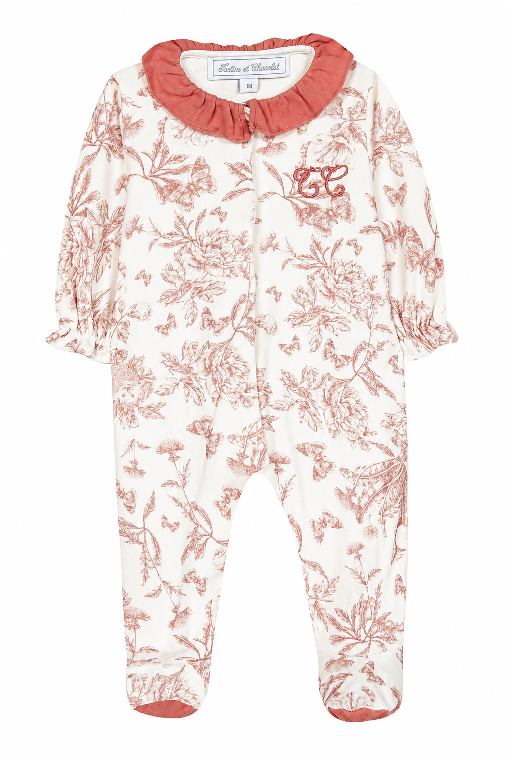 toile de jouy babypakje met TC logo van het merk tartine et chocolat met ruffle raag in roest oudroze