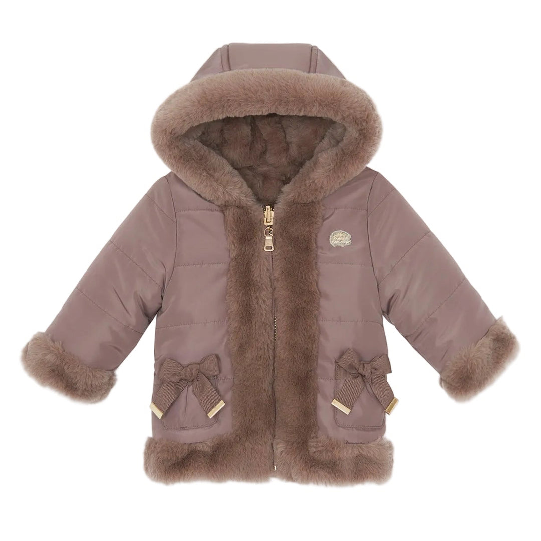 luxe winterjas met bont vering capuchon zakjes, en strikken in donkerbruin van tartine et chocolat