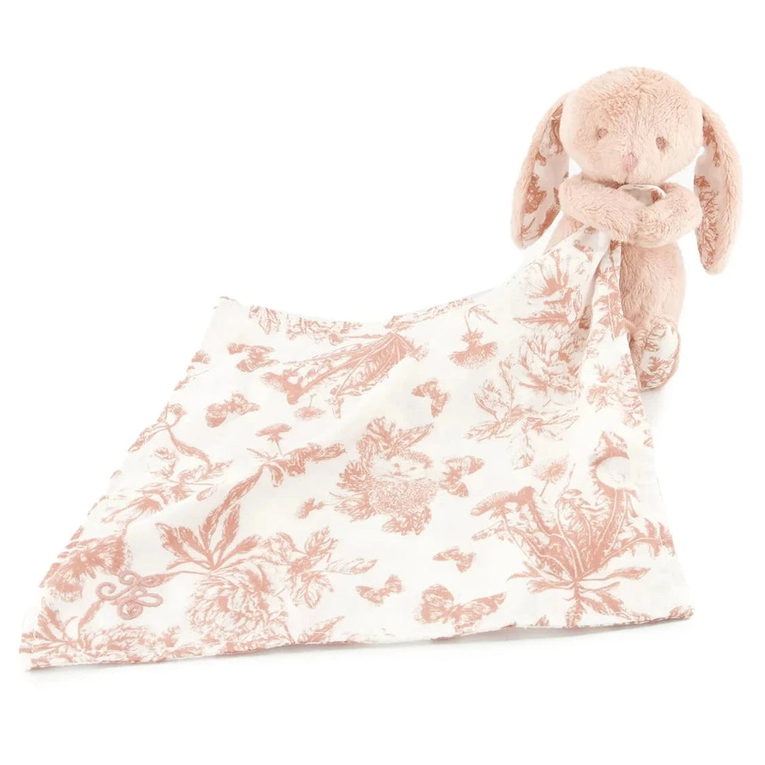 knuffeldoekje in toile de jout print met konijntje in oudroze
